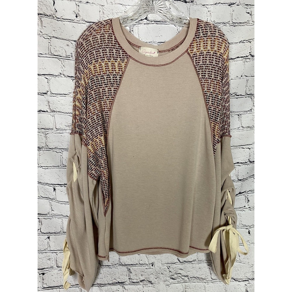 Sugarfox Taupe Burgundy Chevron Raglan Lace Up Bell Sleeve Dolman Top Large